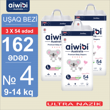 Uşaq bezləri AIWIBI Premium. L (9-14kq). 162 ədəd. Детские подгузники AIWIBI Premium. L (9-14кг). 162 штук. 