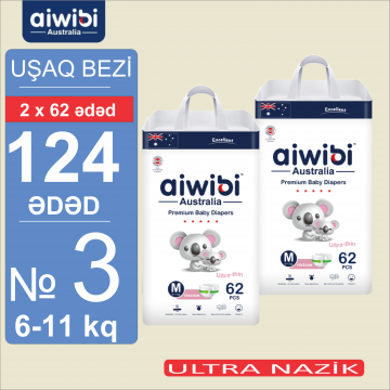 Uşaq bezləri AIWIBI Premium. M (6-11kq). 124 ədəd. Детские подгузники AIWIBI Premium. M (6-11кг). 124 штук. 