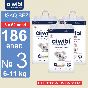 Uşaq bezləri AIWIBI Premium. M (6-11kq). 186 ədəd. Детские подгузники AIWIBI Premium. M (6-11кг). 186 штук.